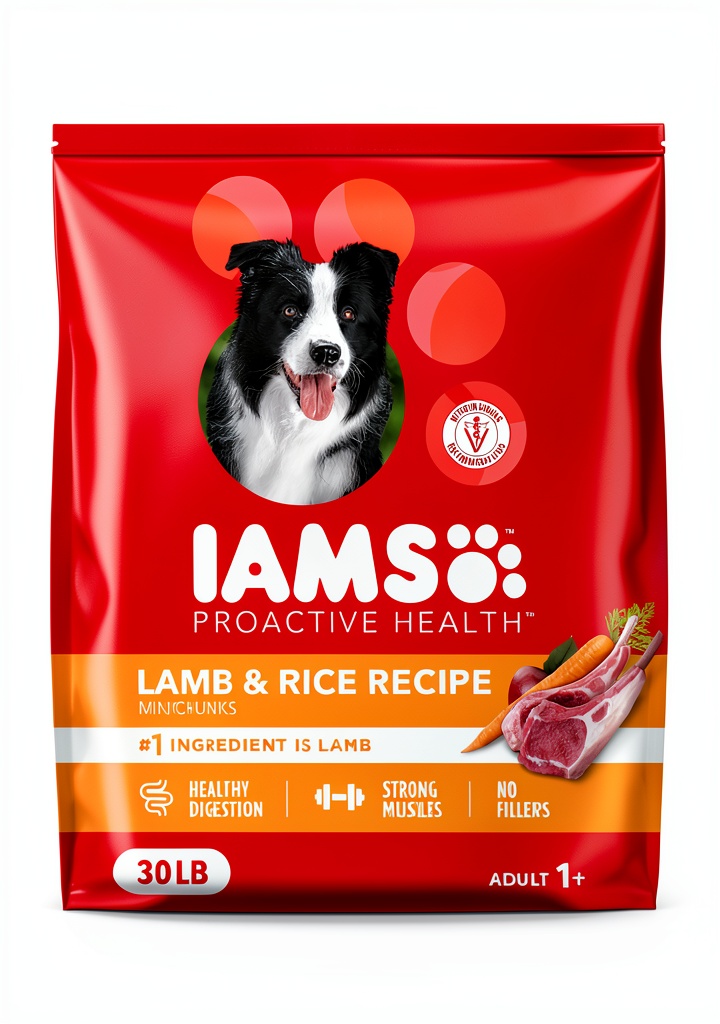 IAMS Proactive Health Minichunks dry dog food bag with kibble close-up