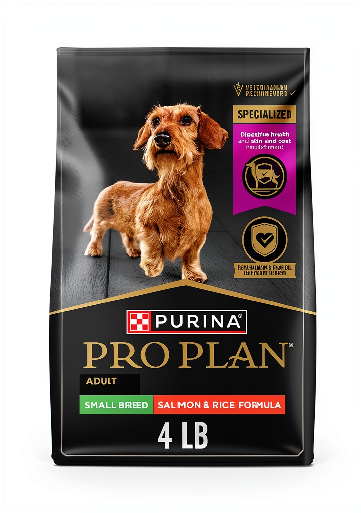 'Purina Pro Plan Small Dog Food bag showing salmon ingredients'
