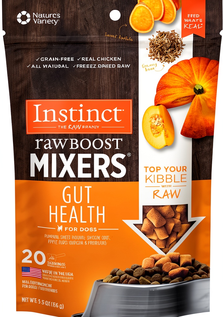 Feeding Nature's Variety Freeze‑Dried Dog Food on a kitchen counter beside a bowl of kibble