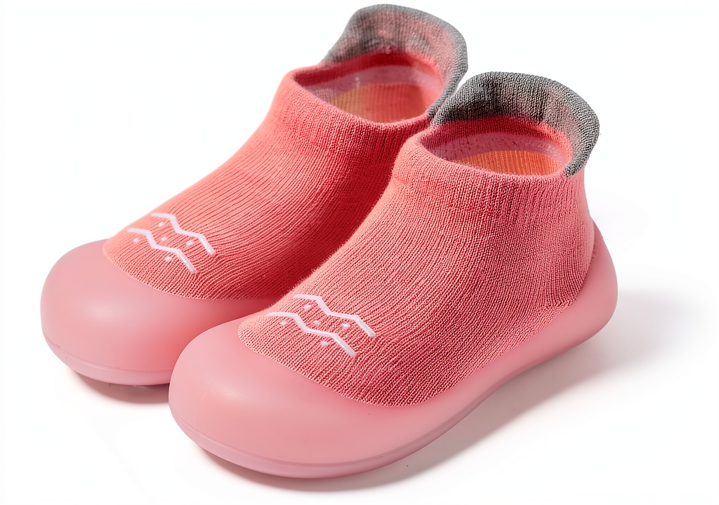 Baby wearing soft cotton slipper shoes on a carpeted floor