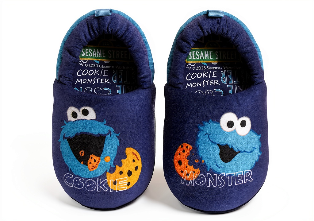Sesame Street toddler slippers in pink and blue colors on a child's feet