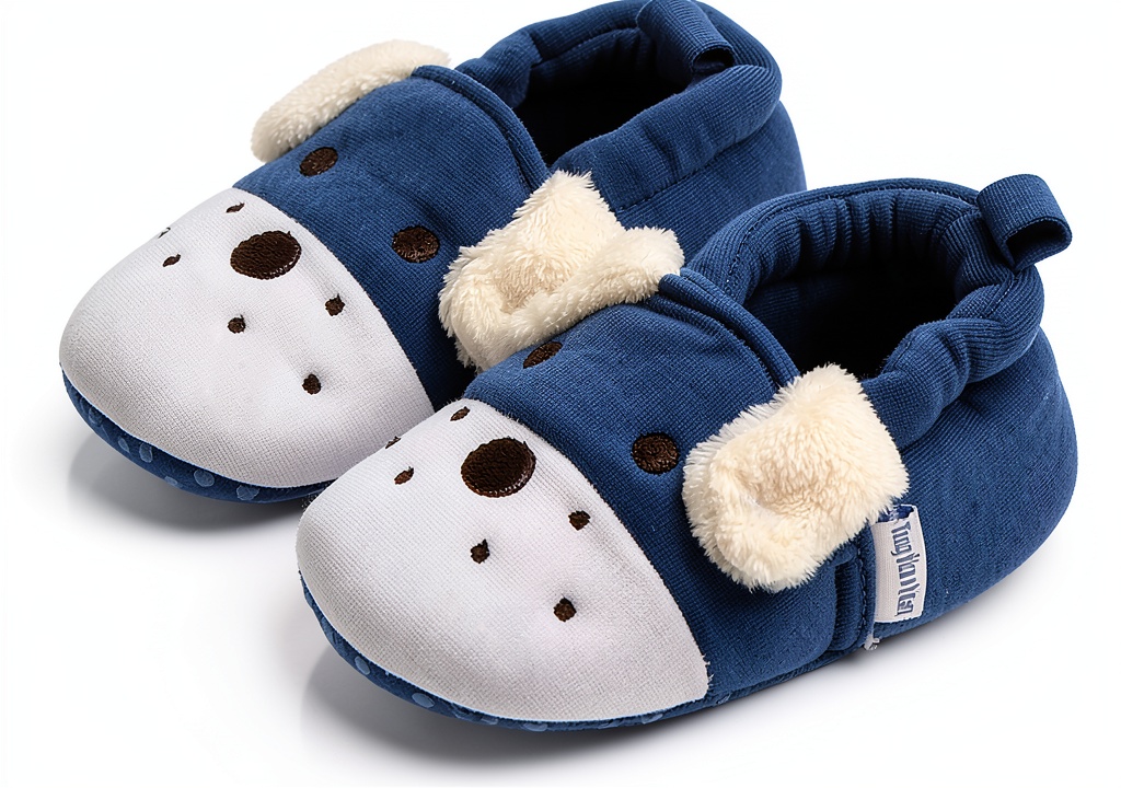Baby wearing soft fleece slippers on a carpeted floor
