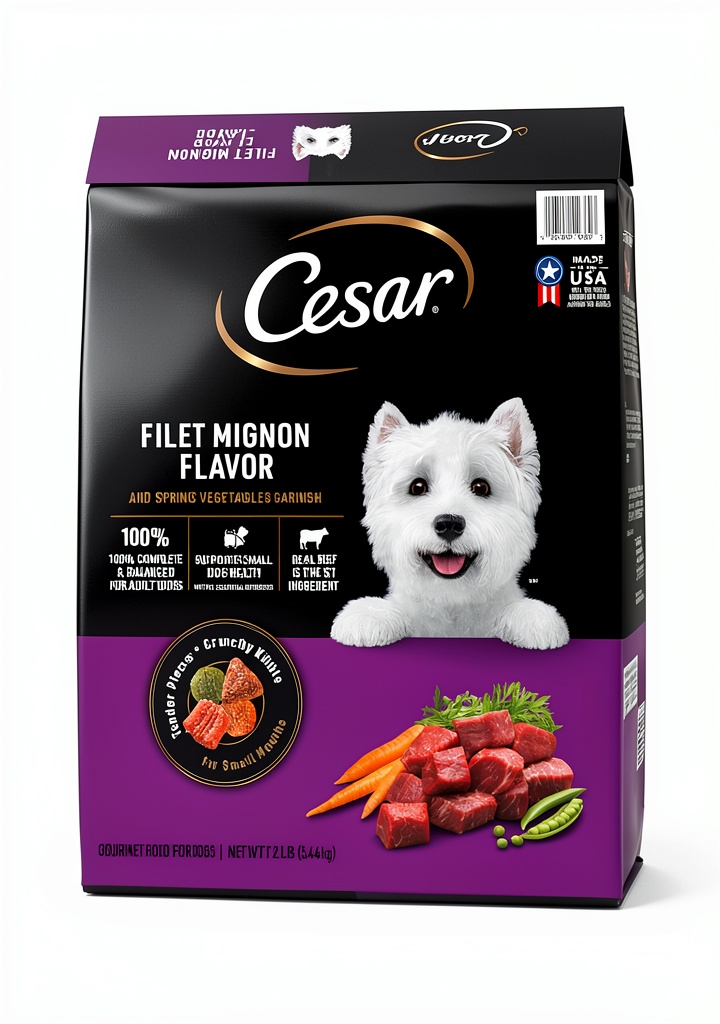 Cesar dry dog food package showcasing kibble and tender pieces