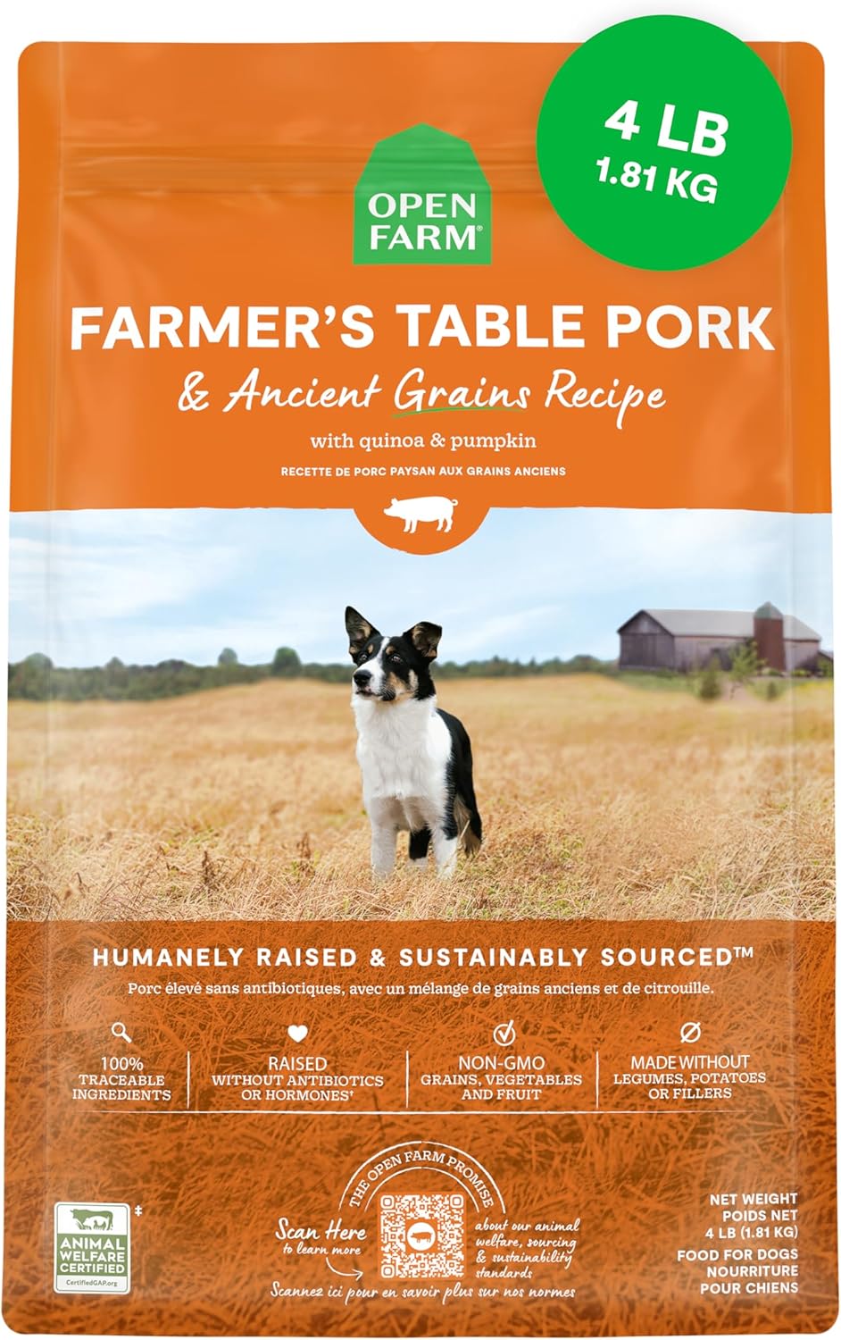 Open Farm Ancient Grain Dog Food bag with ingredients displayed