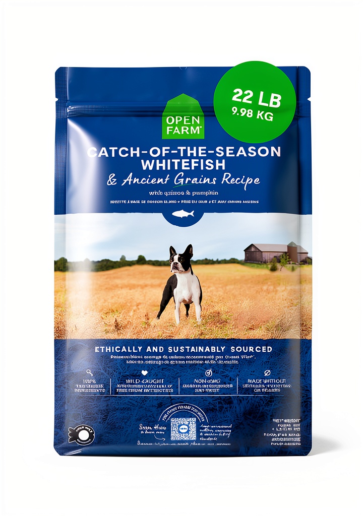 Open Farm dog food bag showcasing ancient grains and ingredients