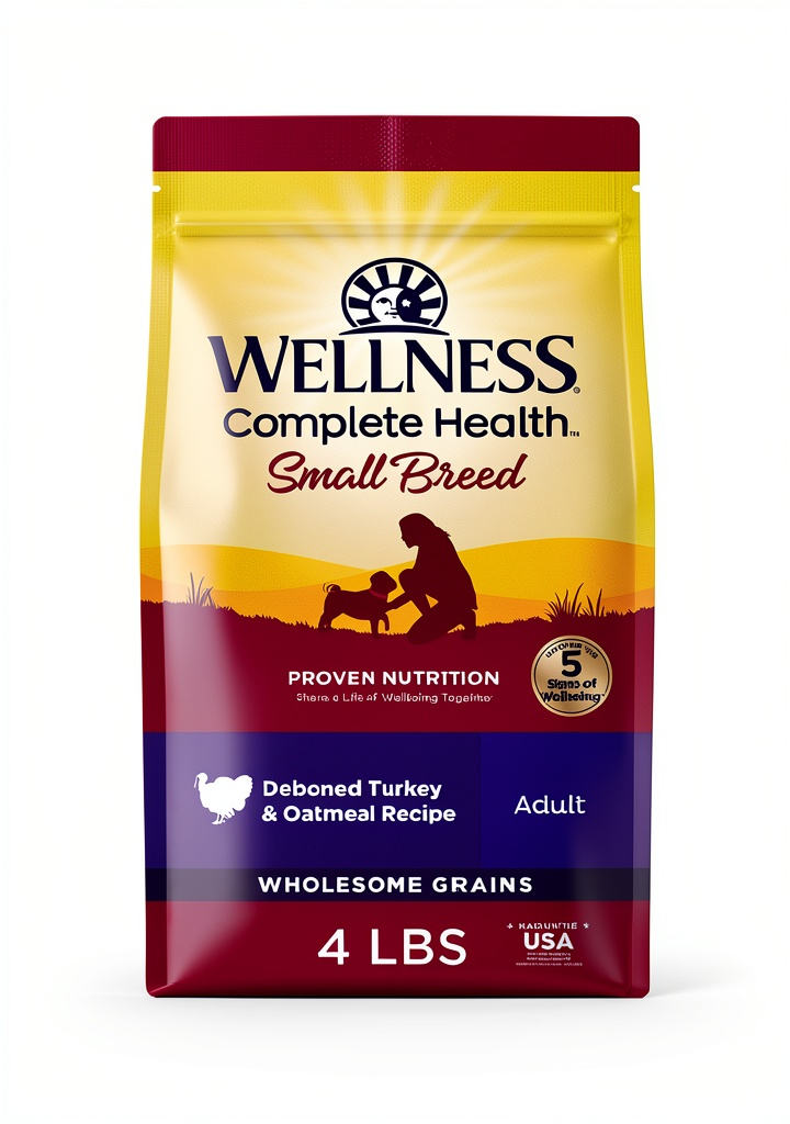 Wellness dry dog food bag displayed with kibble close-up