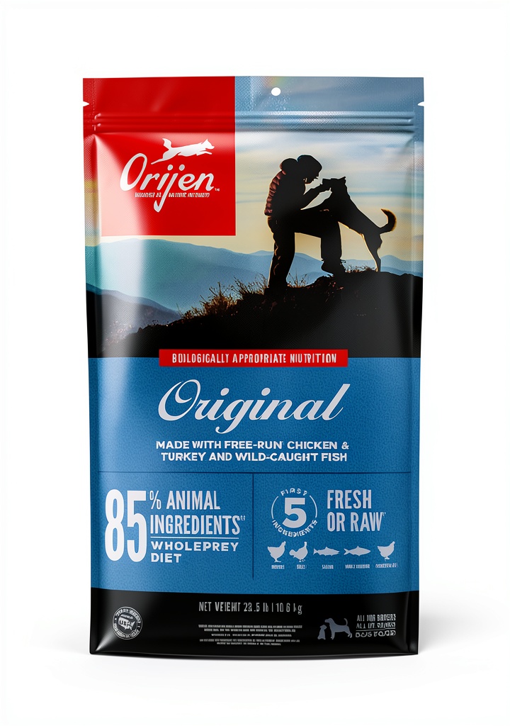 ORIJEN Amazing Grains Original Dry Dog Food bag showcasing ingredients