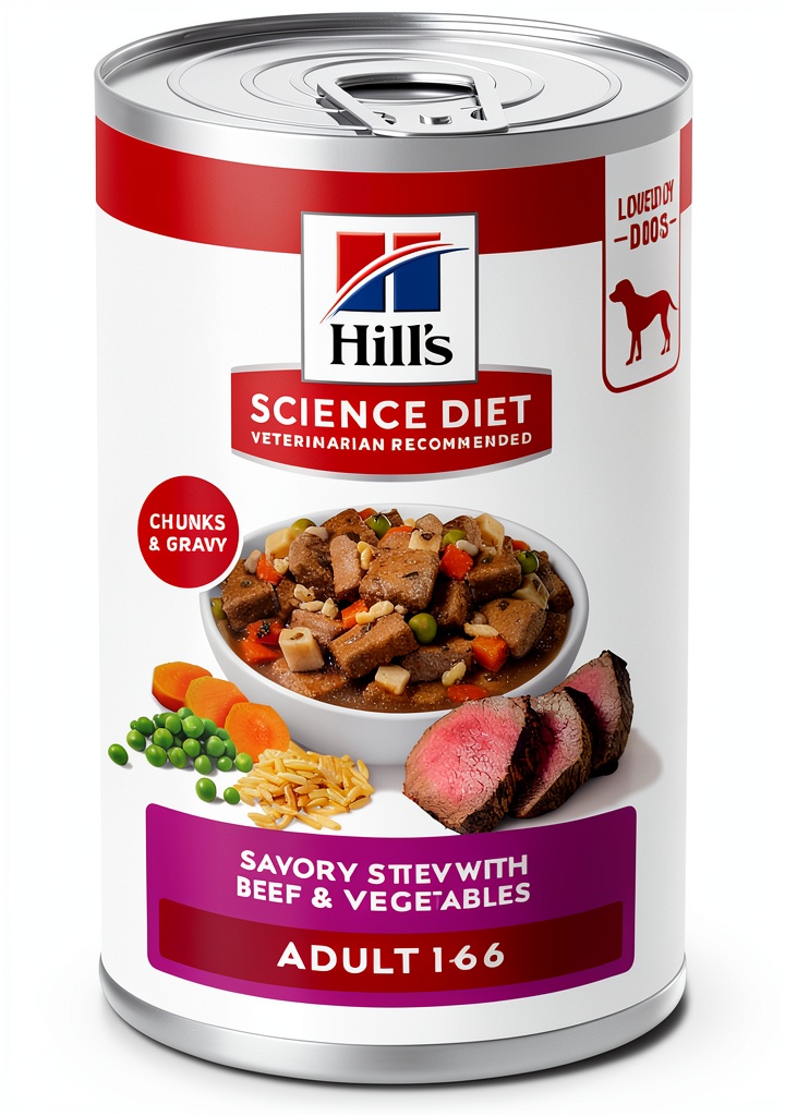 Hills wet dog food cans displayed in a variety pack on a kitchen counter
