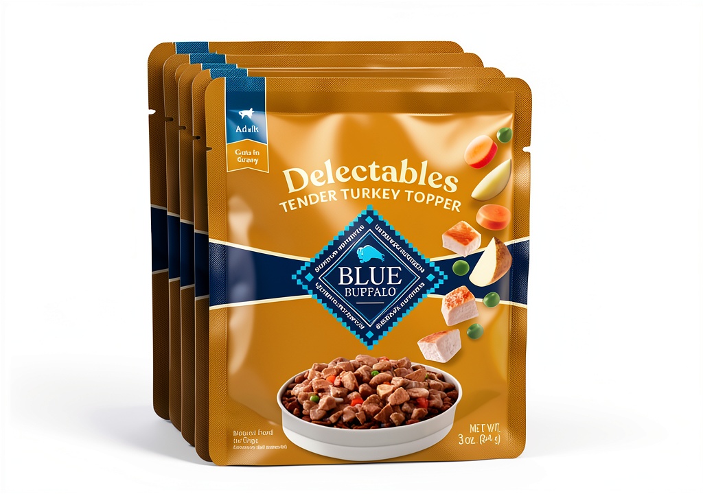 Blue Buffalo Delectables wet dog food topper in turkey flavor served in a bowl