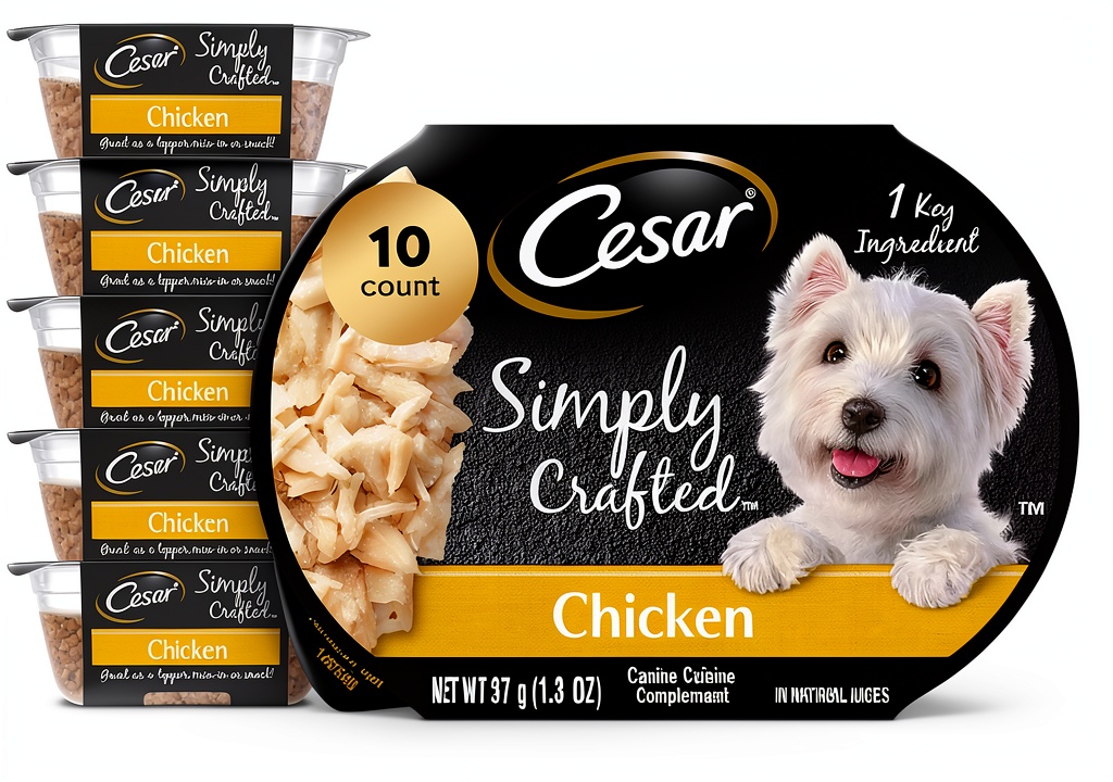 Cesar Simply Crafted wet dog food in a bowl with chicken and vegetables