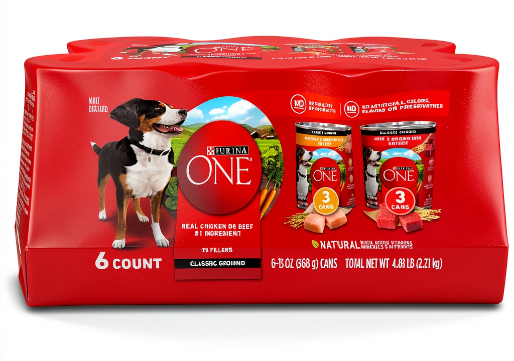 'Nestle Purina Wet Dog Food variety pack displayed on a kitchen counter'