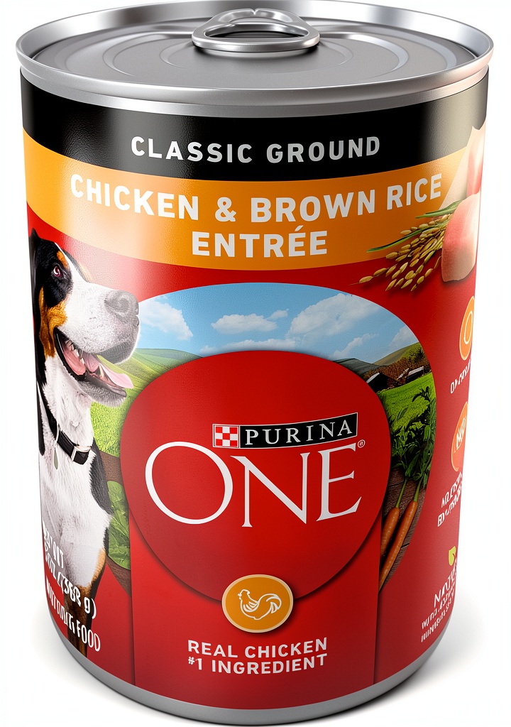Purina canned dog food being served to a happy adult dog