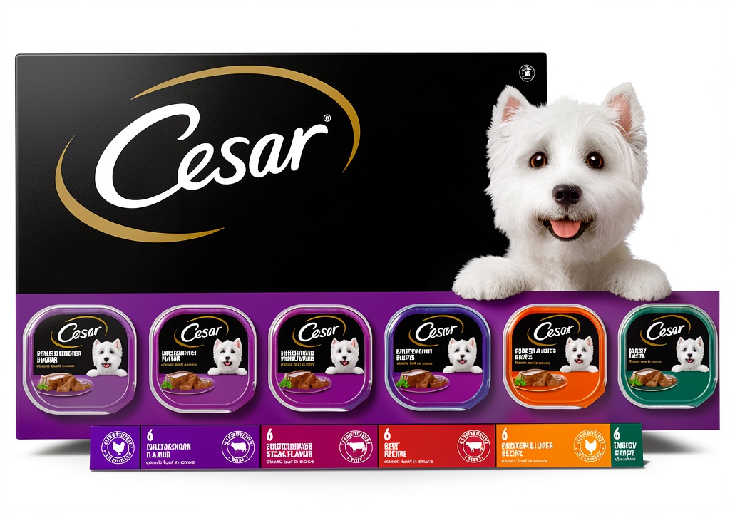 Cesar Classic Loaf Dog Food tray opened on a kitchen counter